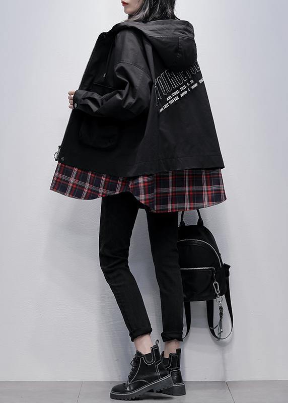 Simple Hooded Pockets Tunics for Black Patchwork Plaid Oversized Coat
