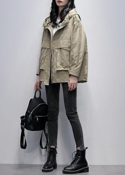 Simple Hooded Zippered Coats Gray Green Loose Coats