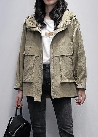 Simple Hooded Zippered Coats Gray Green Loose Coats