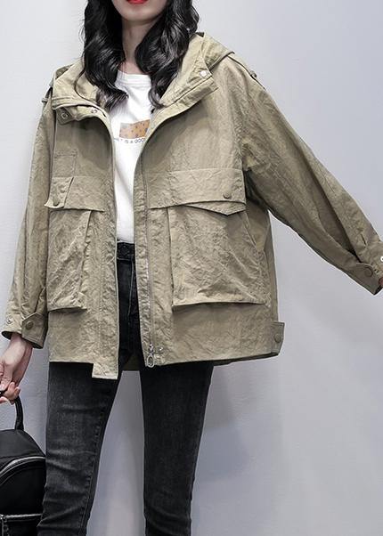 Simple Hooded Zippered Coats Gray Green Loose Coats