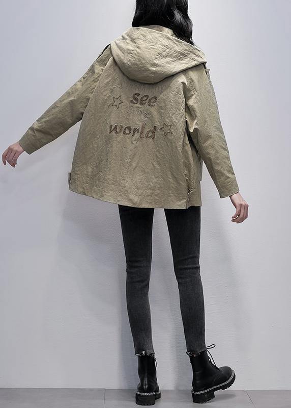 Simple Hooded Zippered Coats Gray Green Loose Coats