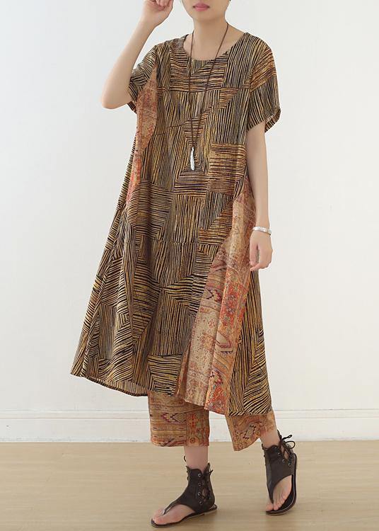 Simple Khaki Two Pieces Linen Long Shirts Elastic Waist Straight Pants