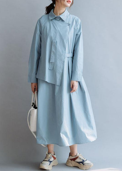 Simple Lapel Asymmetric Cotton Wardrobes Shirts Blue Cotton Robes Dresses Fall