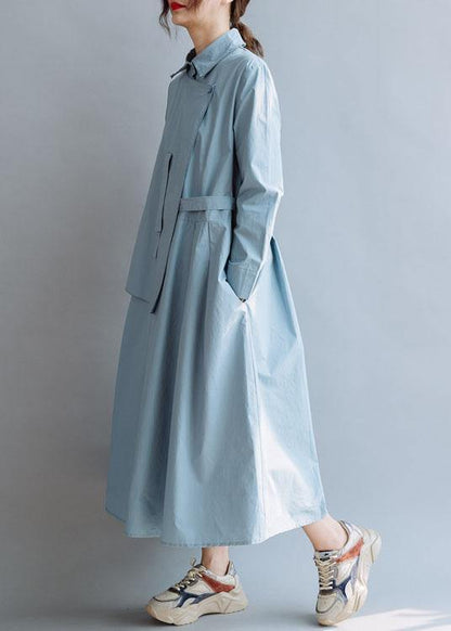 Simple Lapel Asymmetric Cotton Wardrobes Shirts Blue Cotton Robes Dresses Fall