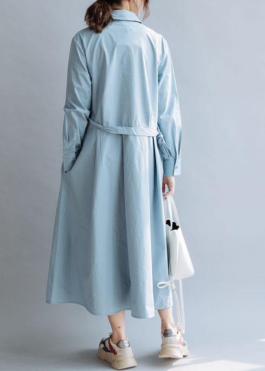 Simple Lapel Asymmetric Cotton Wardrobes Shirts Blue Cotton Robes Dresses Fall