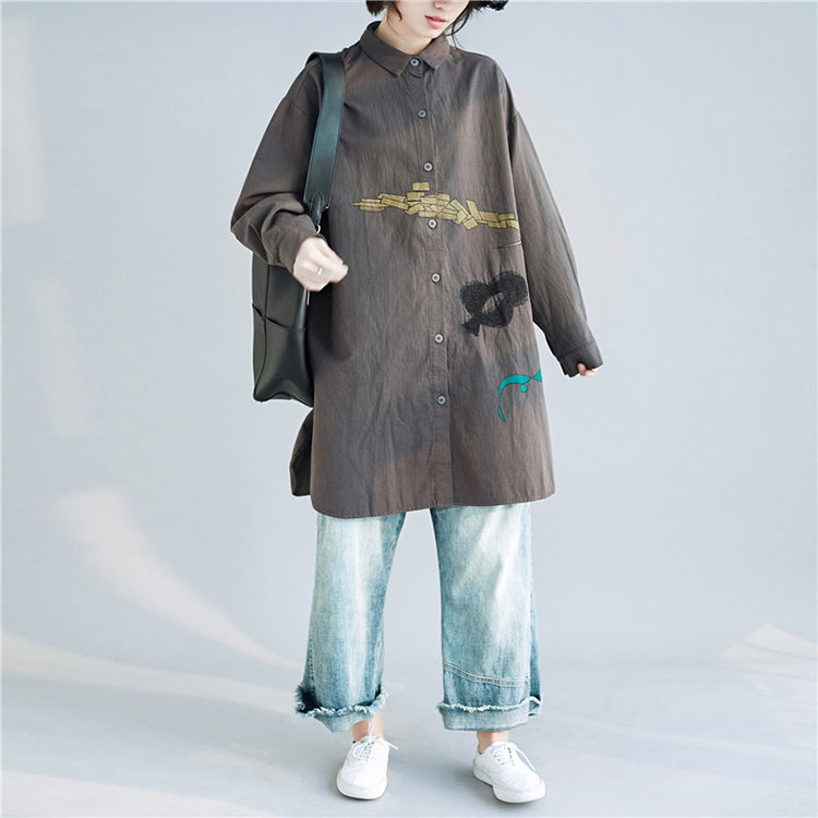 Simple Lapel Embroidery Cotton Tunic Top Ideas Gray Art Blouses