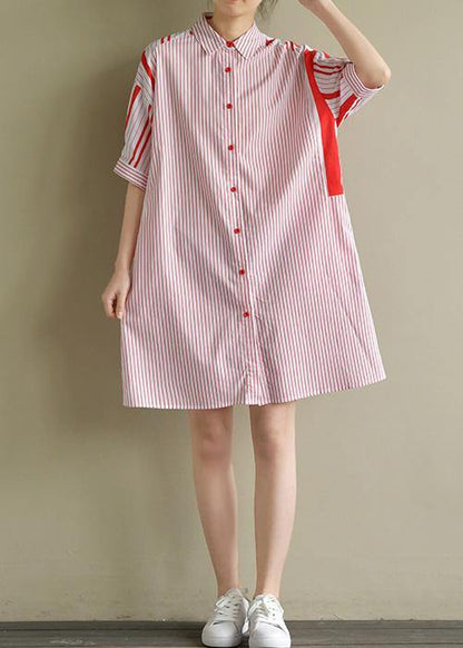 Simple Lapel Patchwork Cotton Clothes for Red Striped Dresses Summer