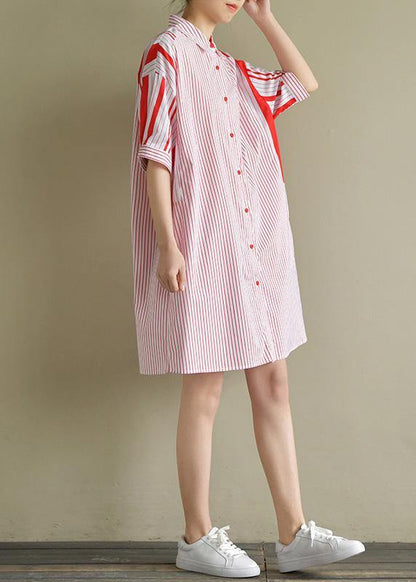 Simple Lapel Patchwork Cotton Clothes for Red Striped Dresses Summer