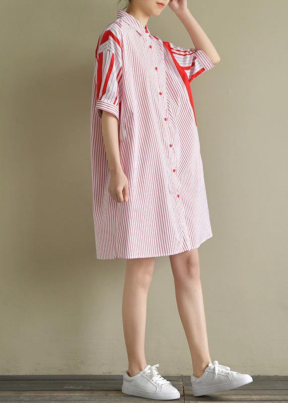 Simple Lapel Patchwork Cotton Clothes for Red Striped Dresses Summer