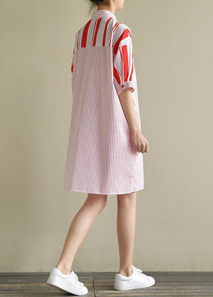 Simple Lapel Patchwork Cotton Clothes for Red Striped Dresses Summer