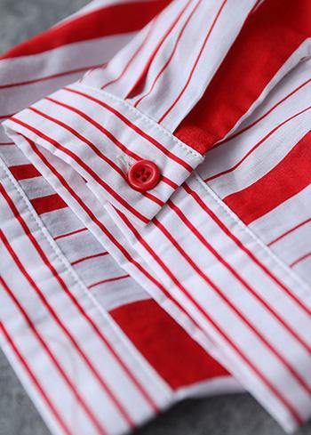 Simple Lapel Patchwork Cotton Clothes for Red Striped Dresses Summer