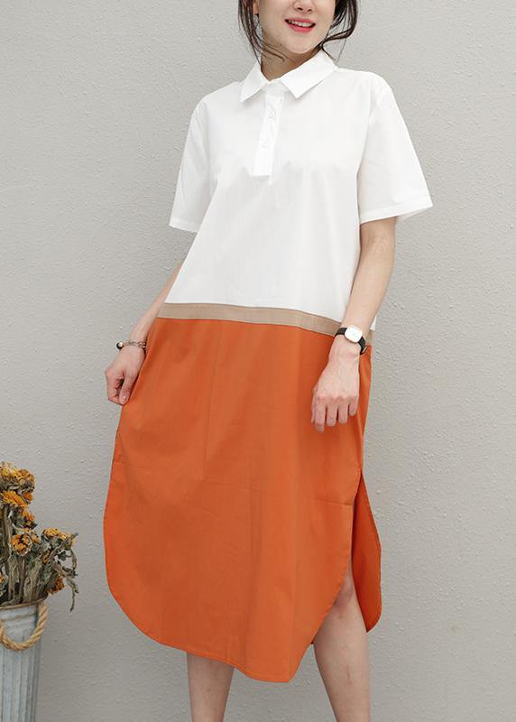 Simple Lapel Patchwork Cotton Summer Tunics for Work Outfits Green Dress