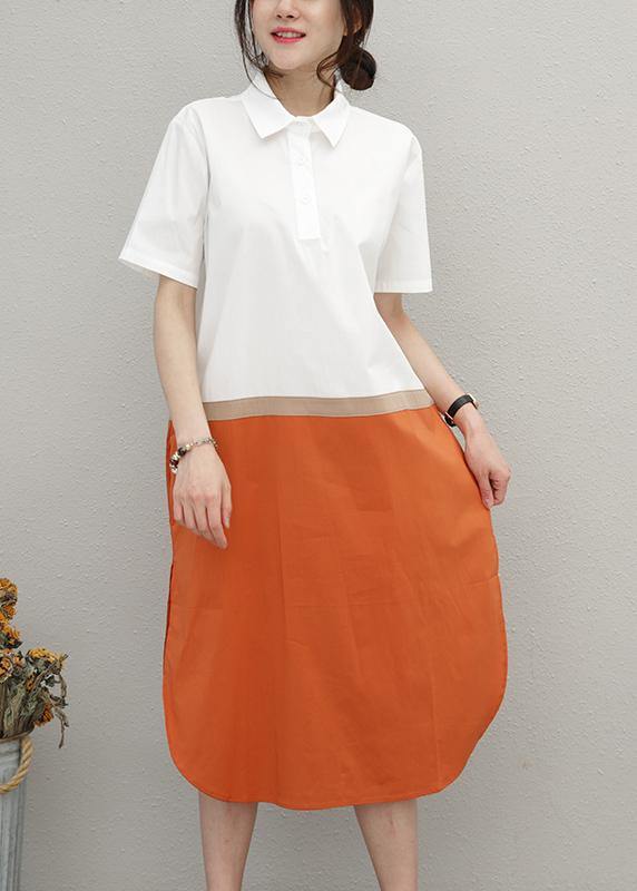 Simple Lapel Patchwork Cotton Summer Tunics for Work Outfits Green Dress