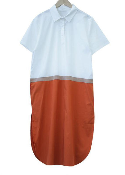 Simple Lapel Patchwork Cotton Summer Tunics for Work Outfits Green Dress