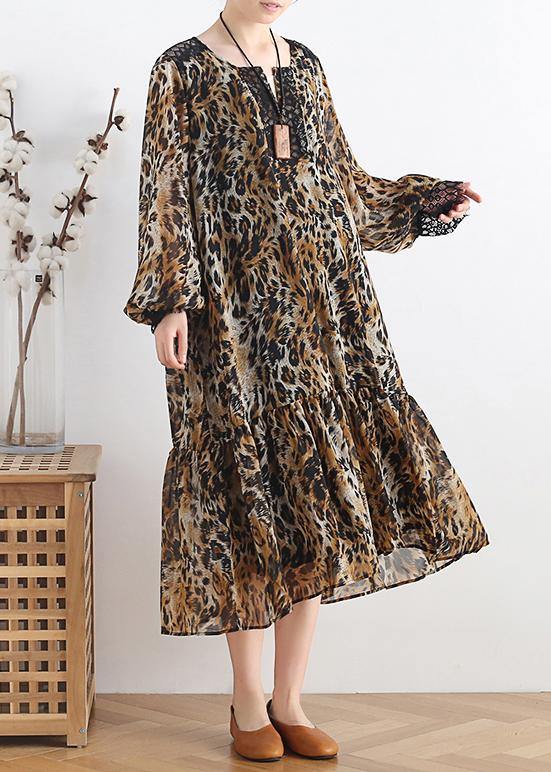 Simple Lapel Patchwork Chiffon Dress Work Outfits Leopard a Line Dress