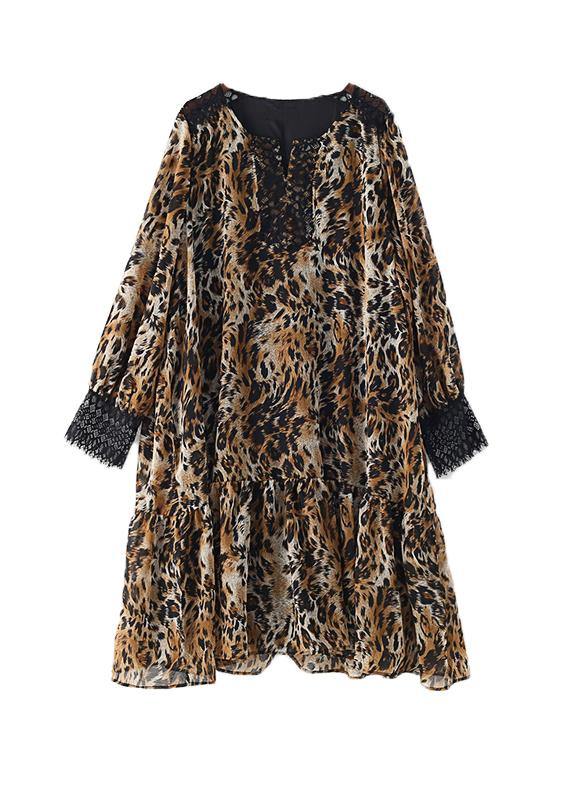 Simple Lapel Patchwork Chiffon Dress Work Outfits Leopard a Line Dress