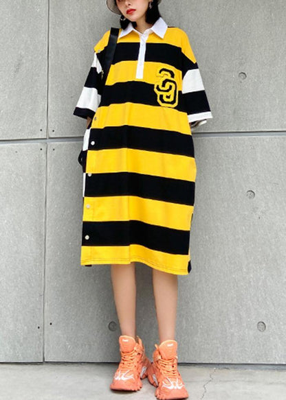Simple Lapel Pockets Cotton Tunic Pattern Inspiration Yellow Striped Dress