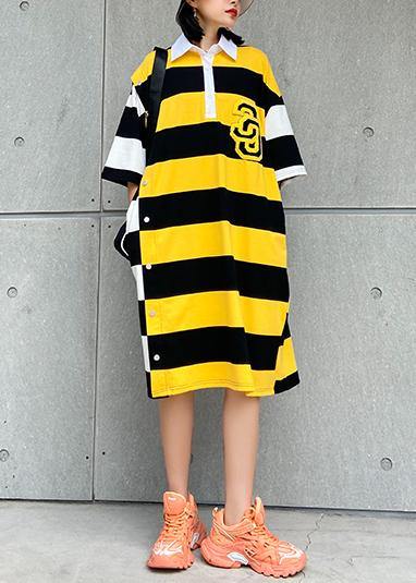 Simple Lapel Pockets Cotton Tunic Pattern Inspiration Yellow Striped Dress