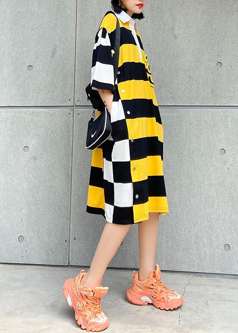 Simple Lapel Pockets Cotton Tunic Pattern Inspiration Yellow Striped Dress