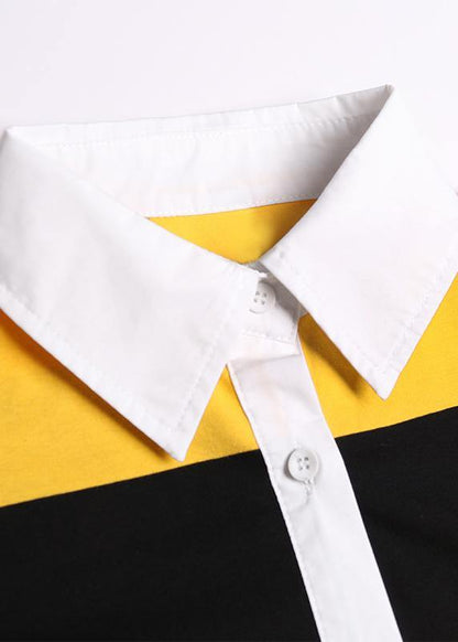 Simple Lapel Pockets Cotton Tunic Pattern Inspiration Yellow Striped Dress