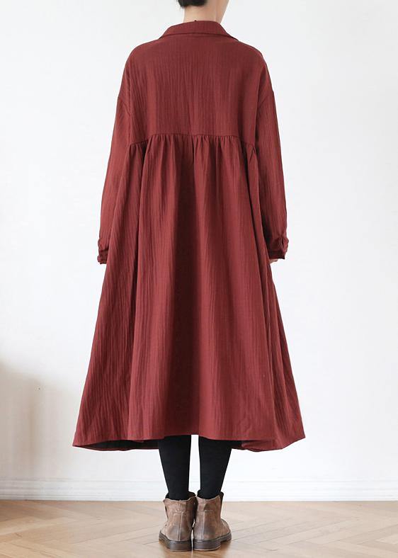 Simple Lapel Pockets Baggy Coats Red Outwear Fall