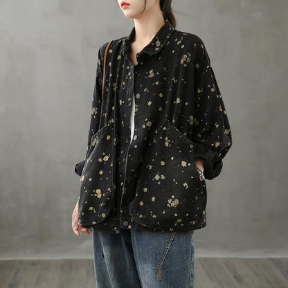 Simple Lapel Pockets Fall Crane Tops Pattern Black Print Shirt