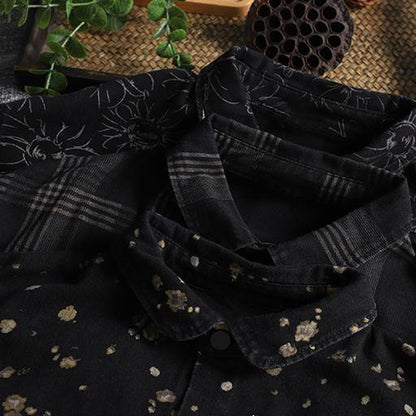 Simple Lapel Pockets Fall Crane Tops Pattern Black Print Shirt