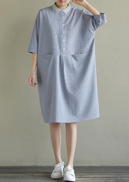 Simple Lapel Pockets Linen Dresses Ideas Blue Gray Plaid Dress Summer