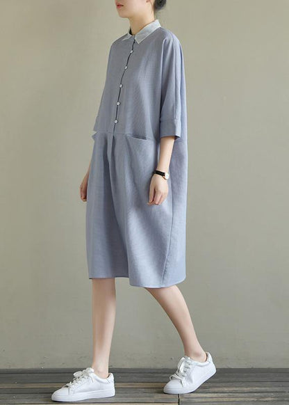 Simple Lapel Pockets Linen Dresses Ideas Blue Gray Plaid Dress Summer