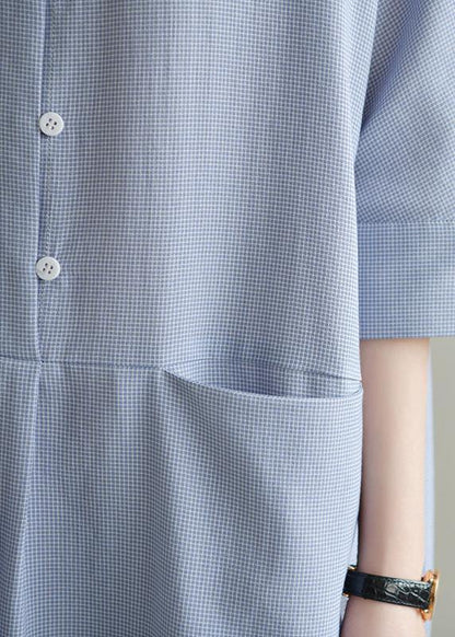 Simple Lapel Pockets Linen Dresses Ideas Blue Gray Plaid Dress Summer