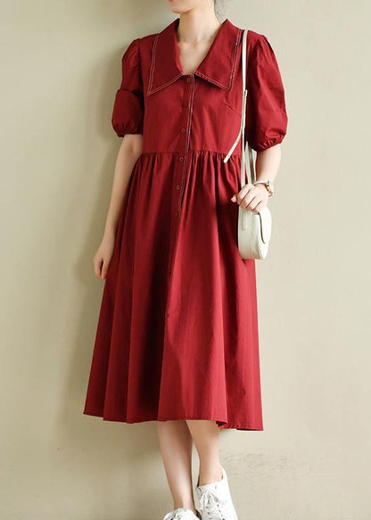 Simple Lapel Cinched Summer Clothes Red Loose Dress