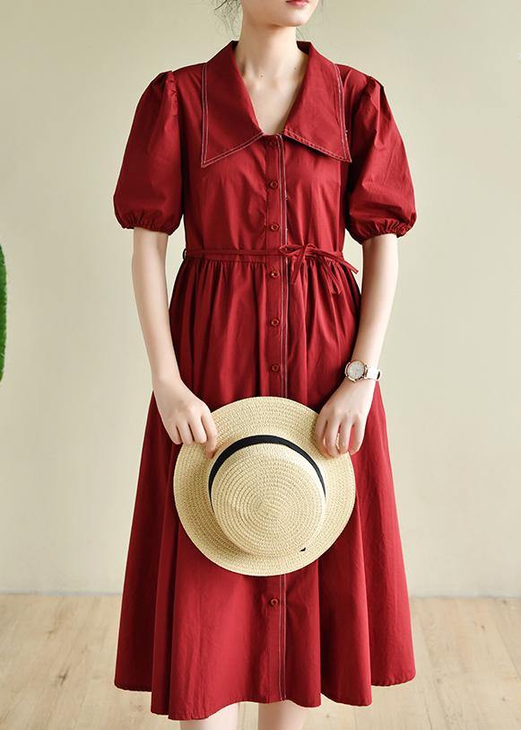 Simple Lapel Cinched Summer Clothes Red Loose Dress