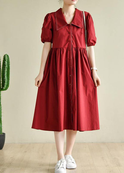 Simple Lapel Cinched Summer Clothes Red Loose Dress