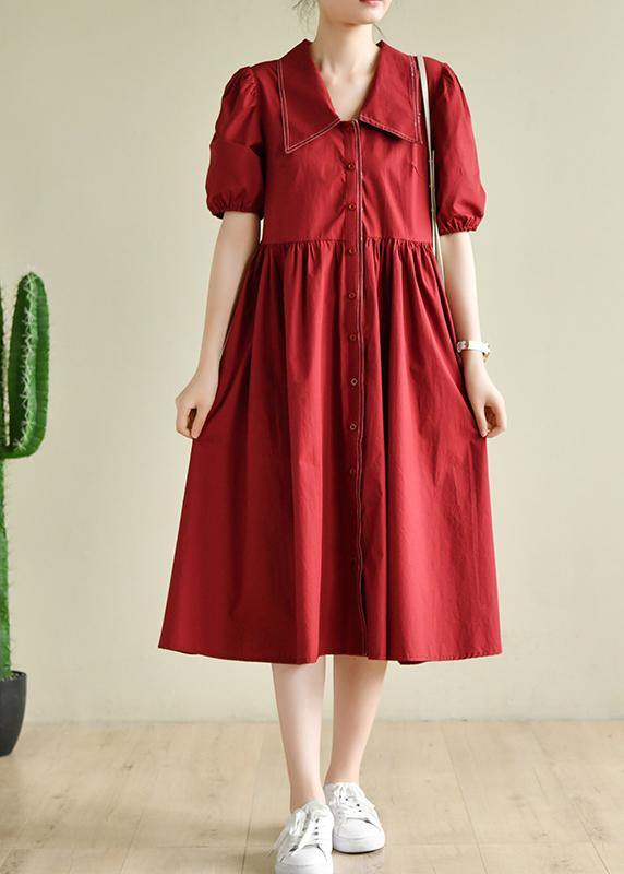 Simple Lapel Cinched Summer Clothes Red Loose Dress