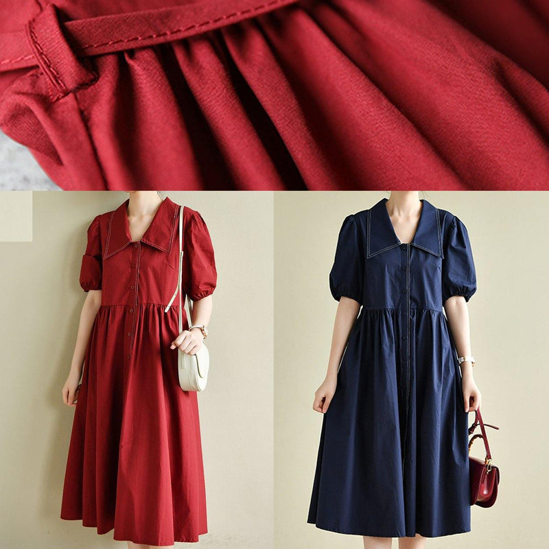Simple Lapel Cinched Summer Clothes Red Loose Dress