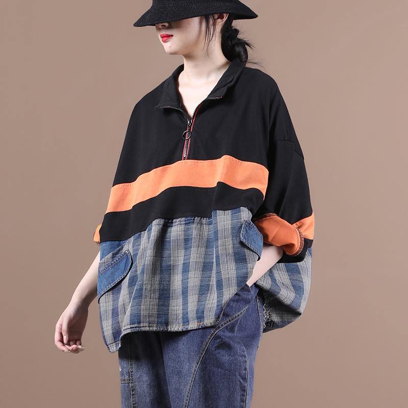 Simple Lapel Zippered Blouse Tunic Tops Orange Shirt
