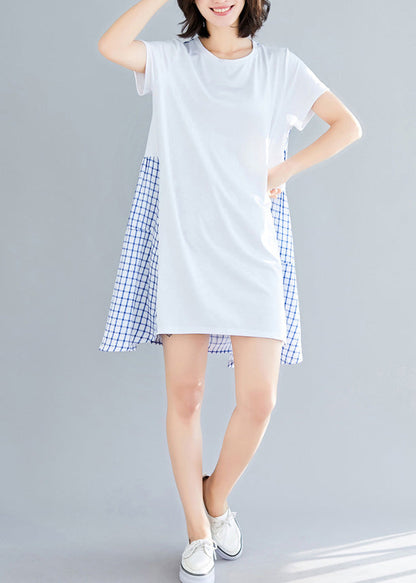 Simple Large Hem Cotton Clothes Indian Shirts Blue Plaid Knee Dress Summer