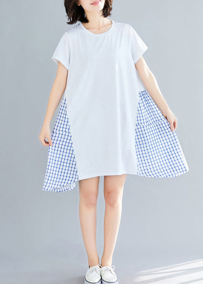 Simple Large Hem Cotton Clothes Indian Shirts Blue Plaid Knee Dress Summer