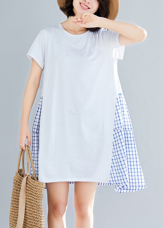 Simple Large Hem Cotton Clothes Indian Shirts Blue Plaid Knee Dress Summer