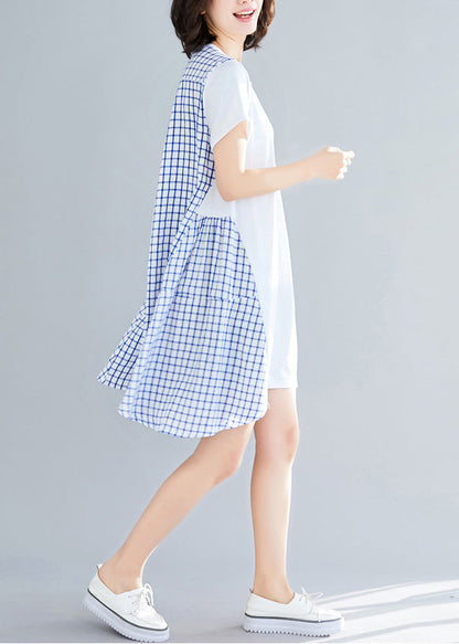 Simple Large Hem Cotton Clothes Indian Shirts Blue Plaid Knee Dress Summer