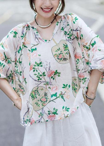 Simple Linen Box Top Print Cotton Linen V-neck Lantern Sleeve Blouse