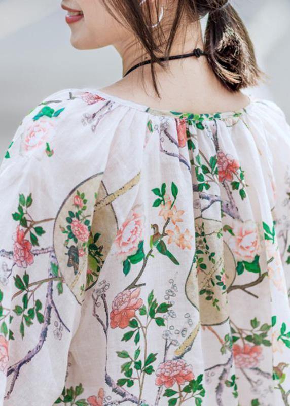 Simple Linen Box Top Print Cotton Linen V-neck Lantern Sleeve Blouse