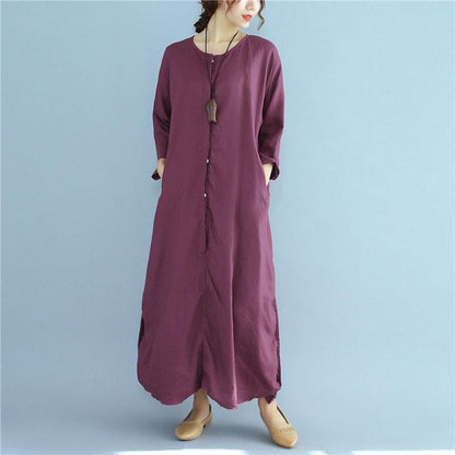 Simple Linen Dresses Fitted Loose Linen Long Sleeve Wine Red Dress