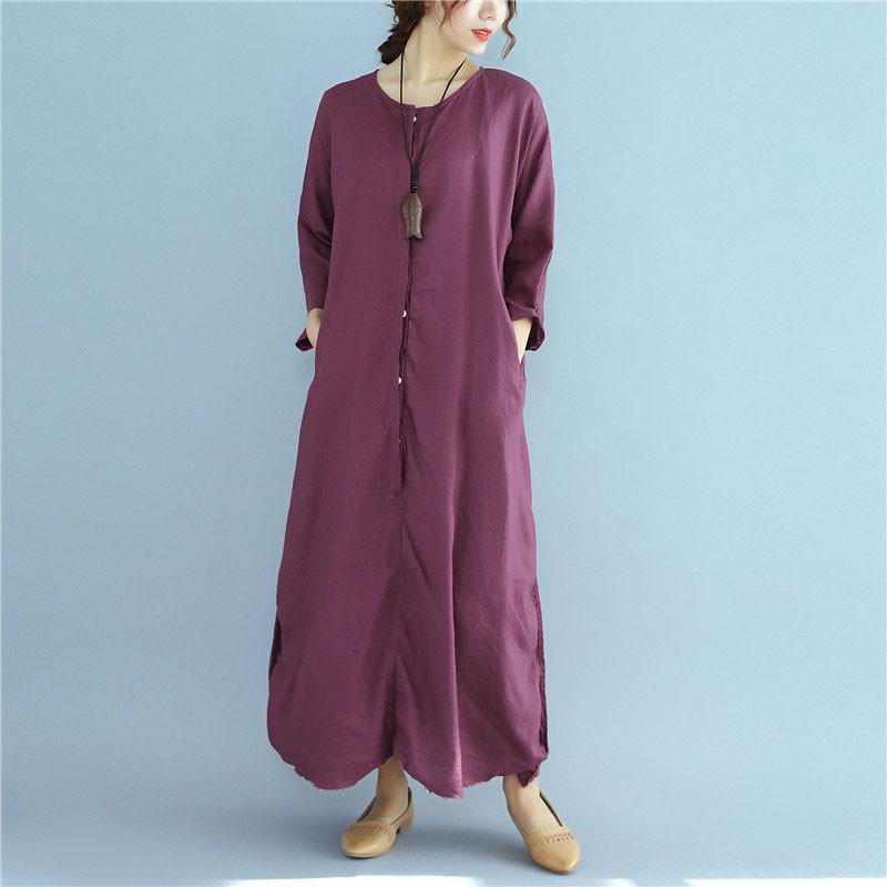 Simple Linen Dresses Fitted Loose Linen Long Sleeve Wine Red Dress