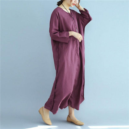 Simple Linen Dresses Fitted Loose Linen Long Sleeve Wine Red Dress