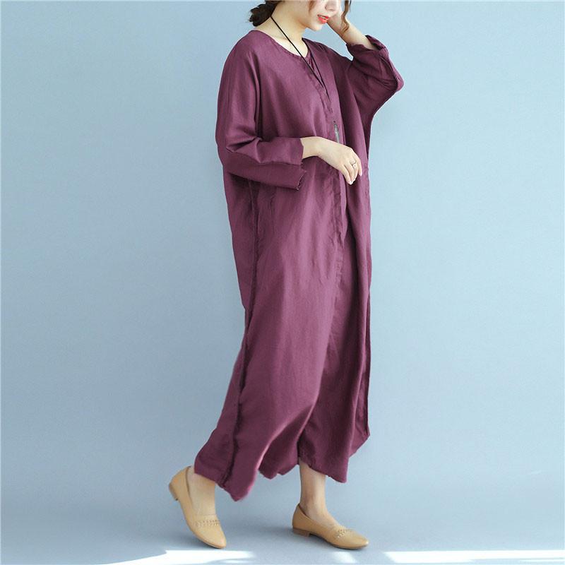 Simple Linen Dresses Fitted Loose Linen Long Sleeve Wine Red Dress
