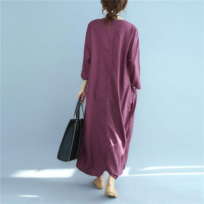 Simple Linen Dresses Fitted Loose Linen Long Sleeve Wine Red Dress