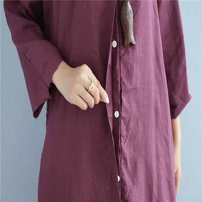 Simple Linen Dresses Fitted Loose Linen Long Sleeve Wine Red Dress
