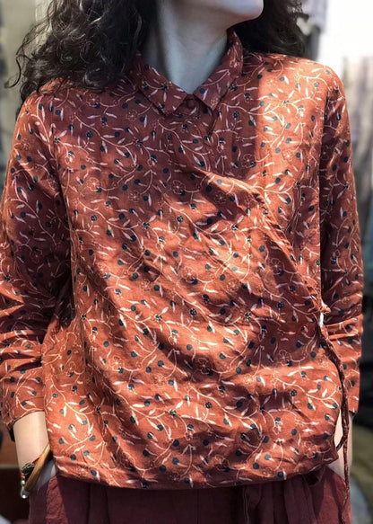 Simple long sleeve linen clothes For Women pattern red prints blouse fall