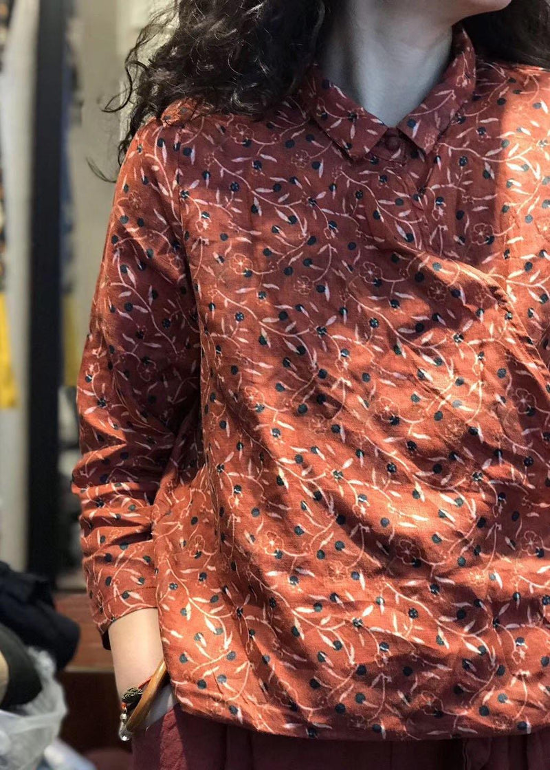 Simple Long Sleeve Linen Clothes for Pattern Red Prints Blouse Fall